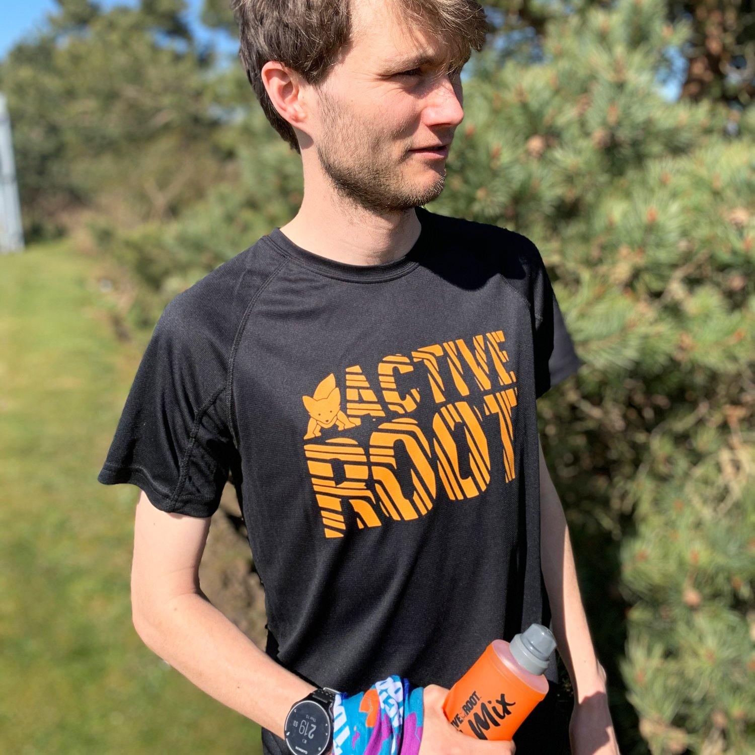Men's Active Root Black / Orange Racing Stripe T-Shirt - Active Root